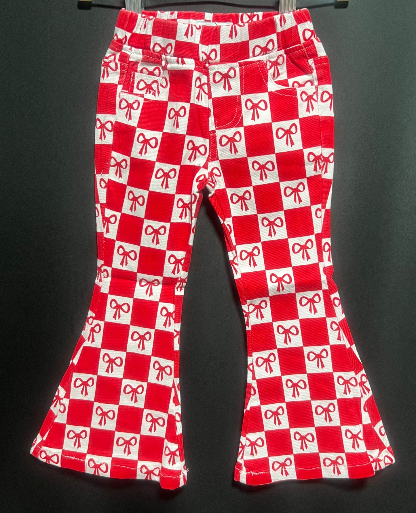 Red Bow Print Plaid Flared Jeans