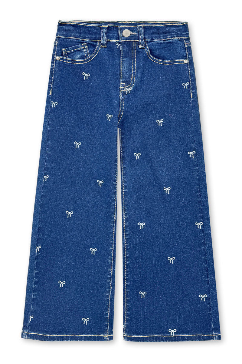 Girl's Wide Leg Bow Print Denim Jean