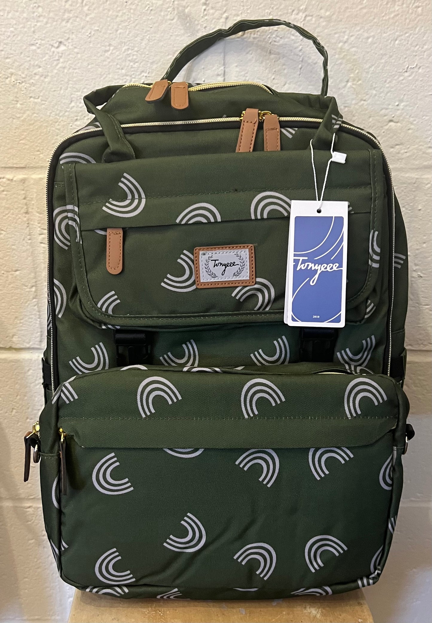 Large Diaper Bag. Dark Green with Rainbows.