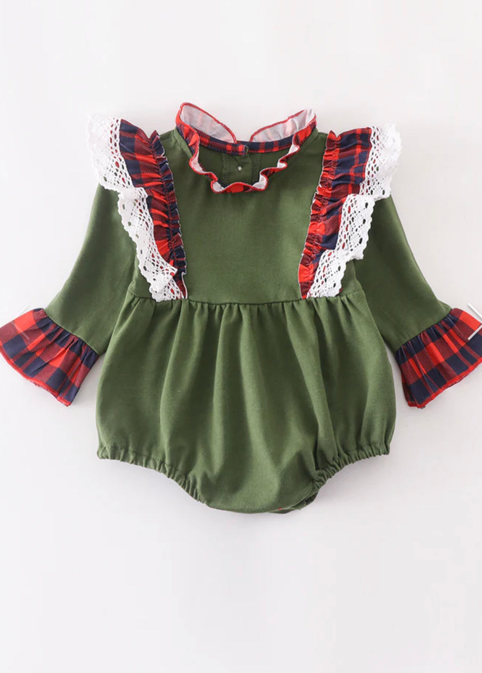 Green ruffle smocked baby romper