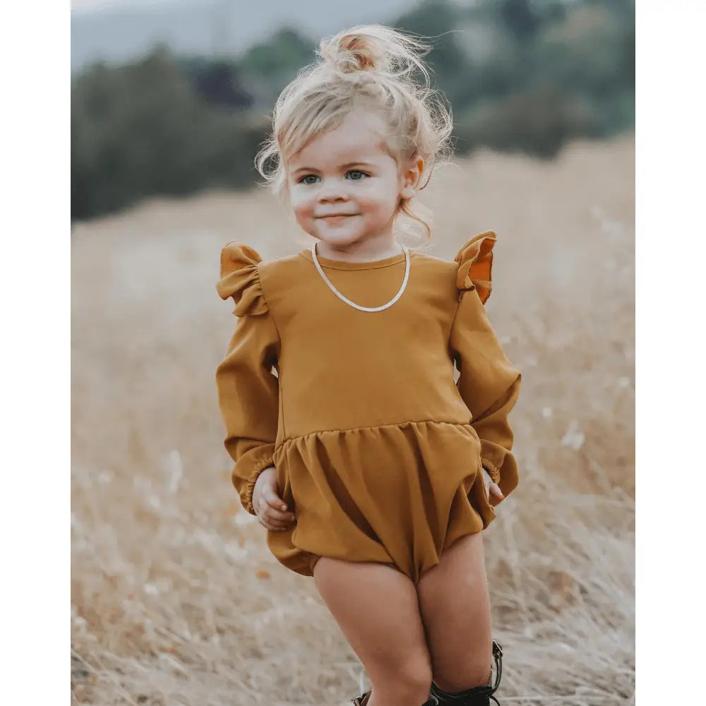 Rhodes Ruffle Bubble Romper - Dusty Mustard