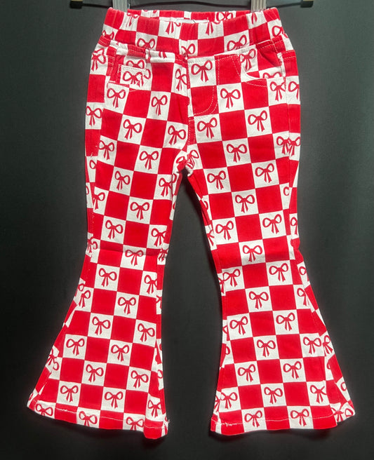Red Bow Print Plaid Flared Jeans