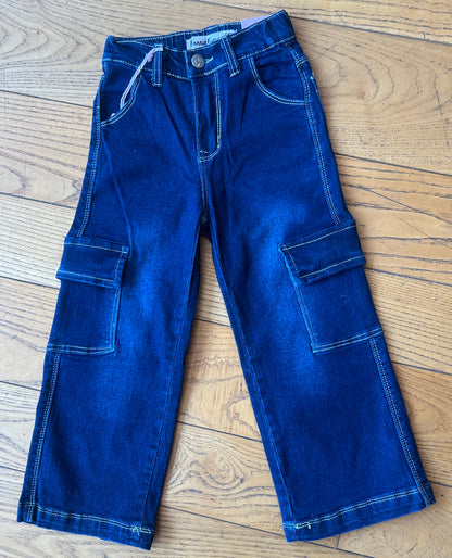 Girls Pocket Cargo Jeans-Dark Denim