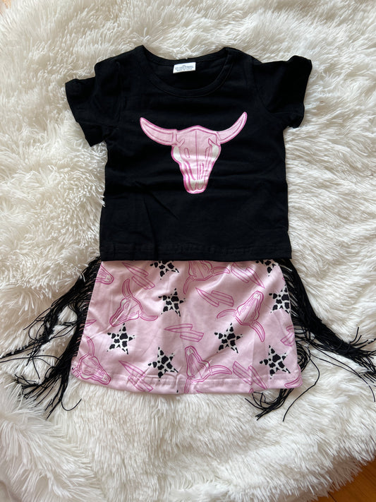 Bull Skull Black Tee and Fringe Skirt