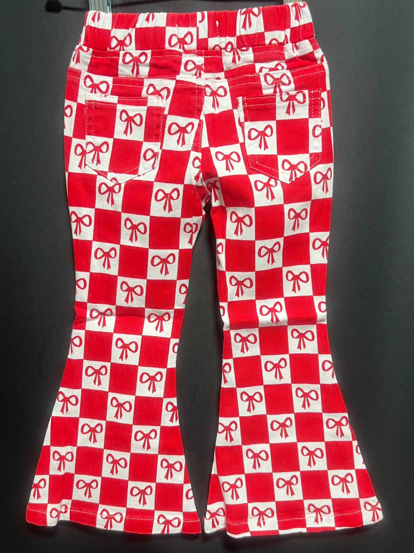 Red Bow Print Plaid Flared Jeans