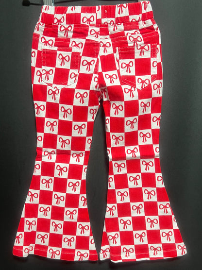 Red Bow Print Plaid Flared Jeans