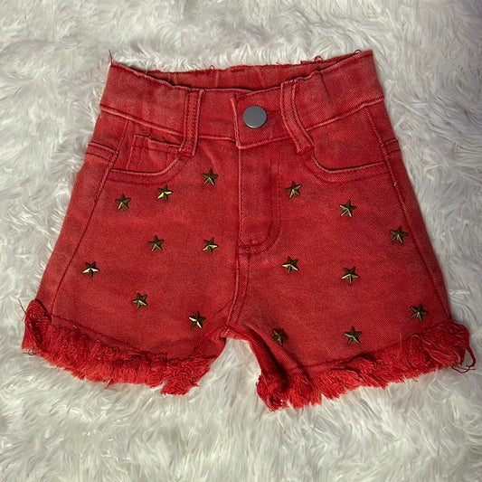 Distressed Red Denim Shorts