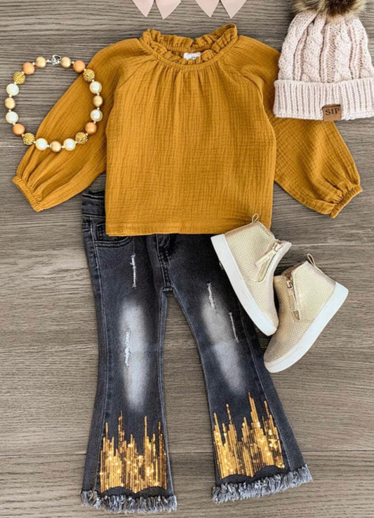 Sparkling Gold Sequin Distressed Denim Flare
