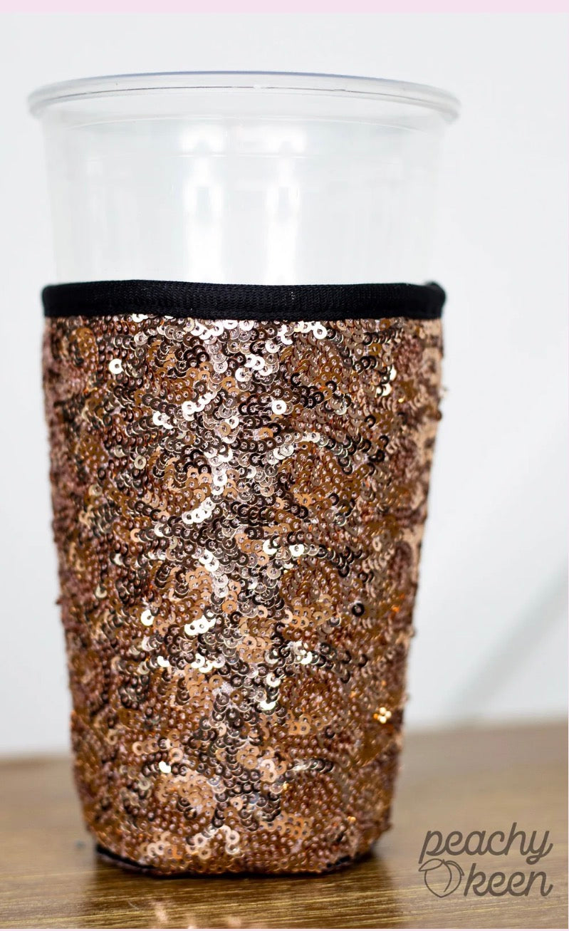 Rose Gold Sequin Sleeve Drink Holder with Black Neoprene Handle