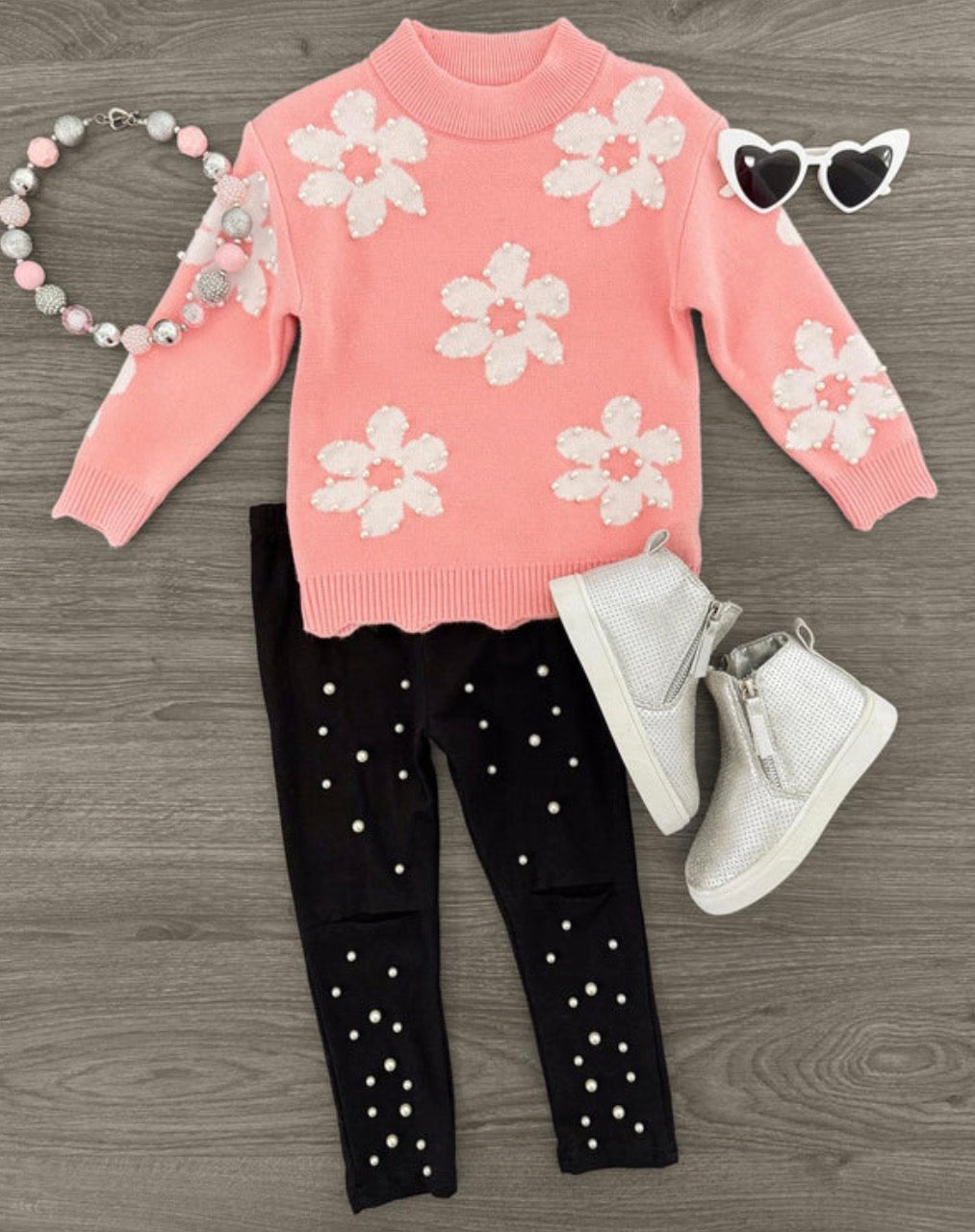 Pink Pearl Flower Sweater Legging Set