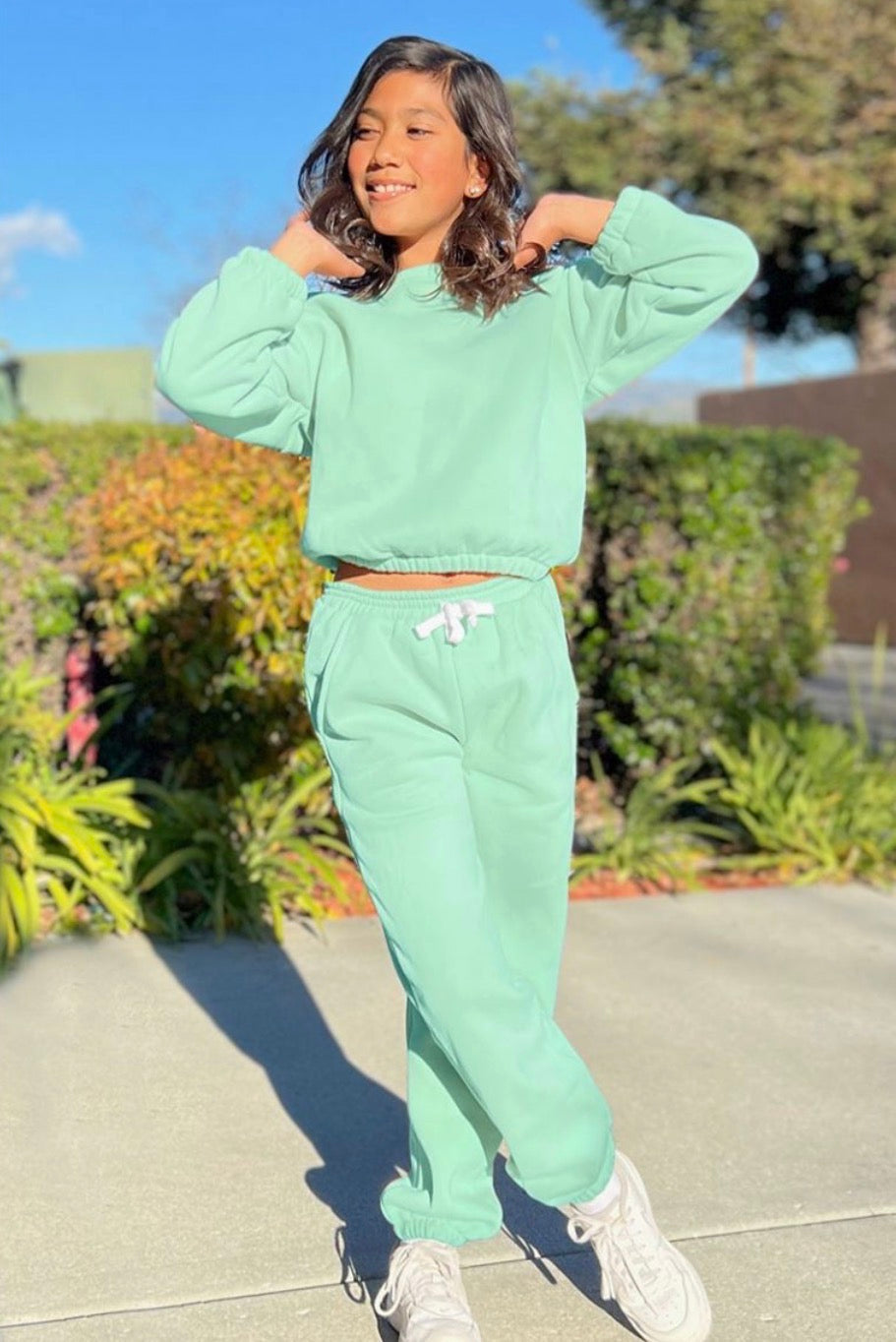 Girl's 2pc Pant Jog Set W/ Ribbed Neckline & Smocked Elastic Waistband