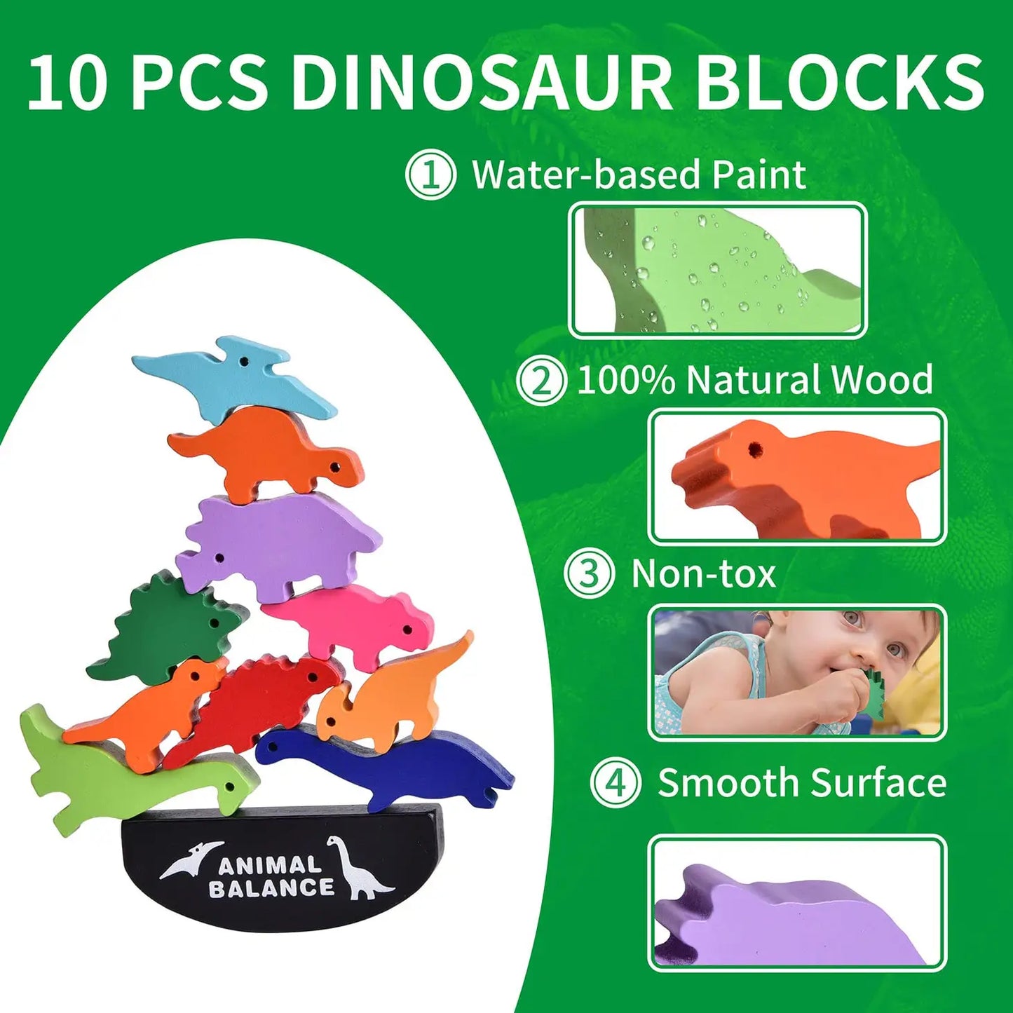 10 Pcs Wooden Animal Balance Dinosaurs Blocks For Toddlers