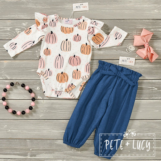 Denim Pumpkin- Girl Romper Set